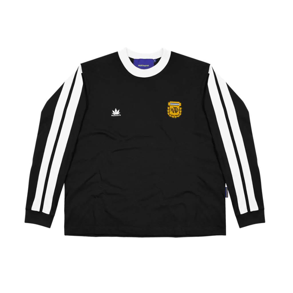 Camiseta Manga Longa Mad Enlatados x Maradona 4 Listras Muito Forte Preta