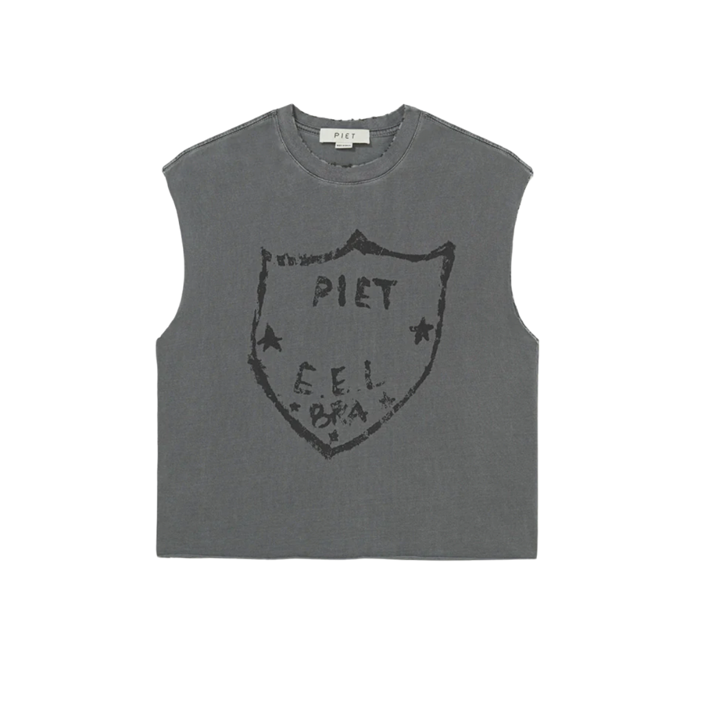 Camiseta Regata Oversized Piet Emblem Raw Edge Preta Estonada