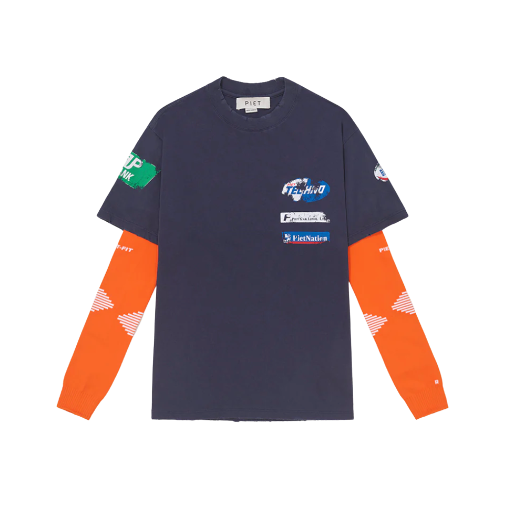 Camiseta Manga Longa Piet F.C. Knitted Sleeve Azul-Marinho/Laranja